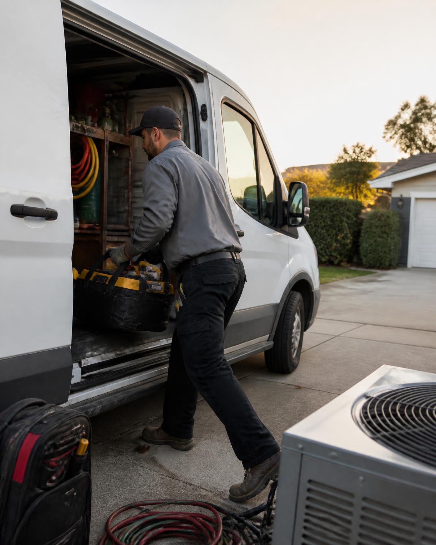 HVAC technician loading tools into a service van in a residential driveway